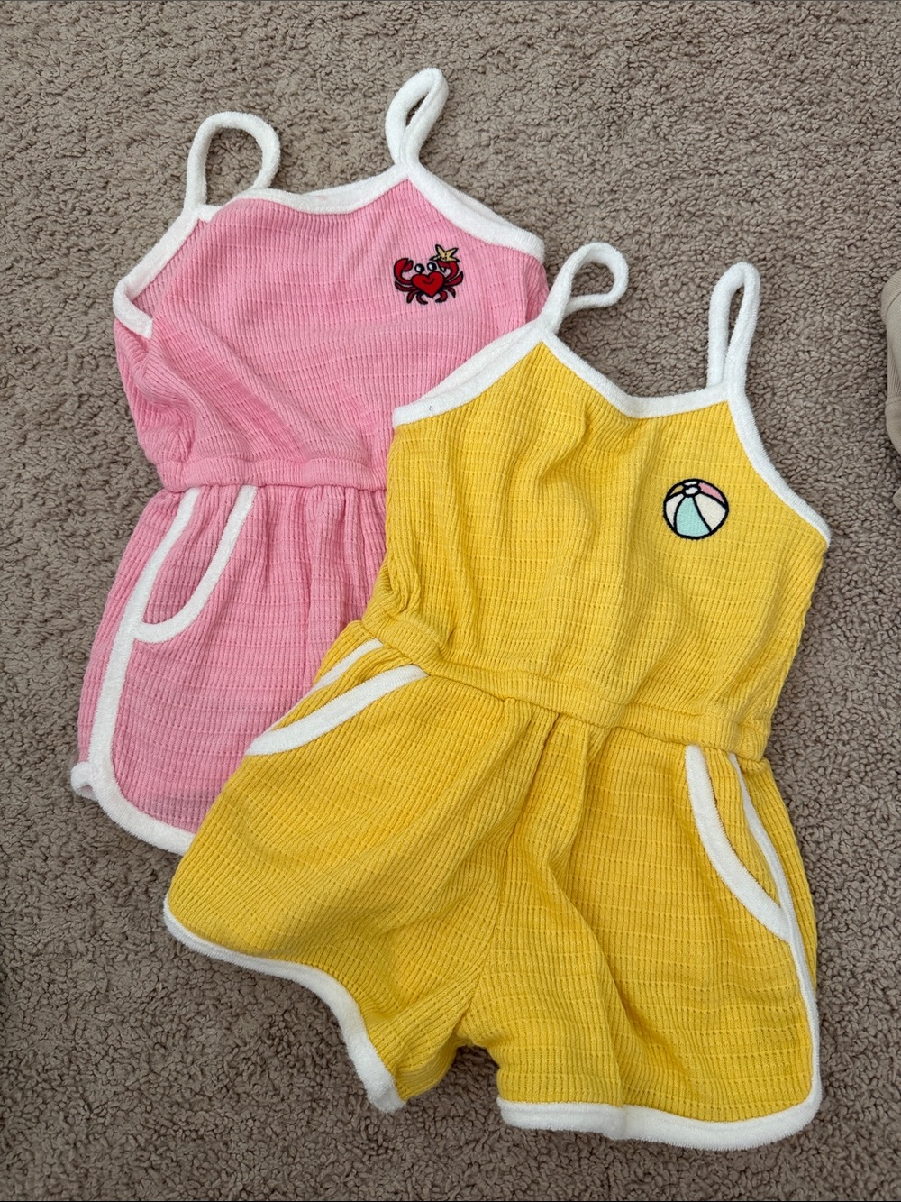 Old Navy Pink & Yellow Waffle Knit Girls' One-Piece Rompers